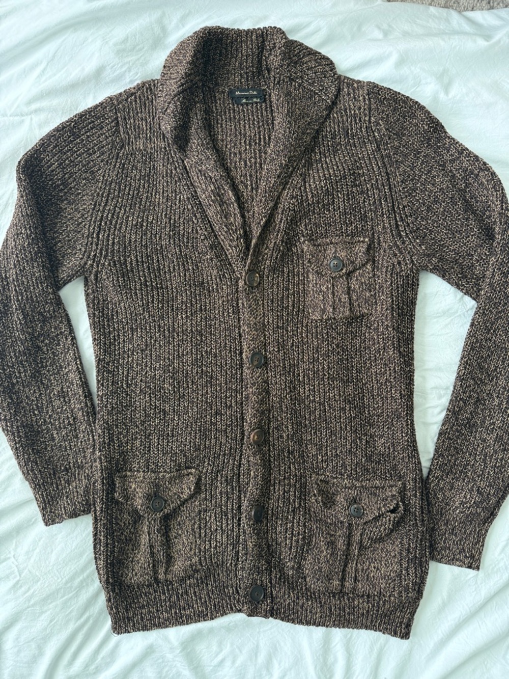 Massimo Dutti Wool & Linen Women's Brown Marled Shawl-Collar Button Cardigan | L